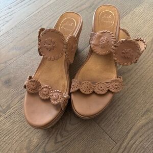 Jack Rogers Tan Leather cork heel wedge Slide Sandals 9.5